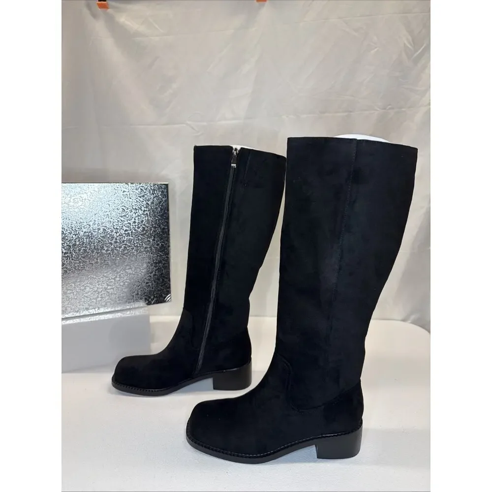 ZJA Women’s Knee High Square Toe Low Heel Boots Black Size 7
